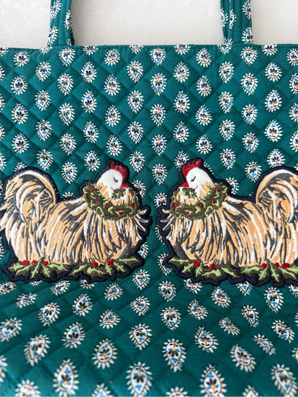 Vera Bradley Tote "French Hen" quilted green cotton embroidered w/ chickens - Picture 2 of 10